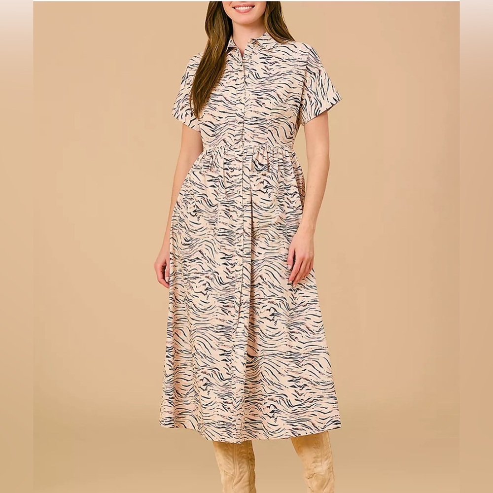 Olivia by Livro Tiger Stripe Cotton‎ Button Front Midi Dress Tan Black XS